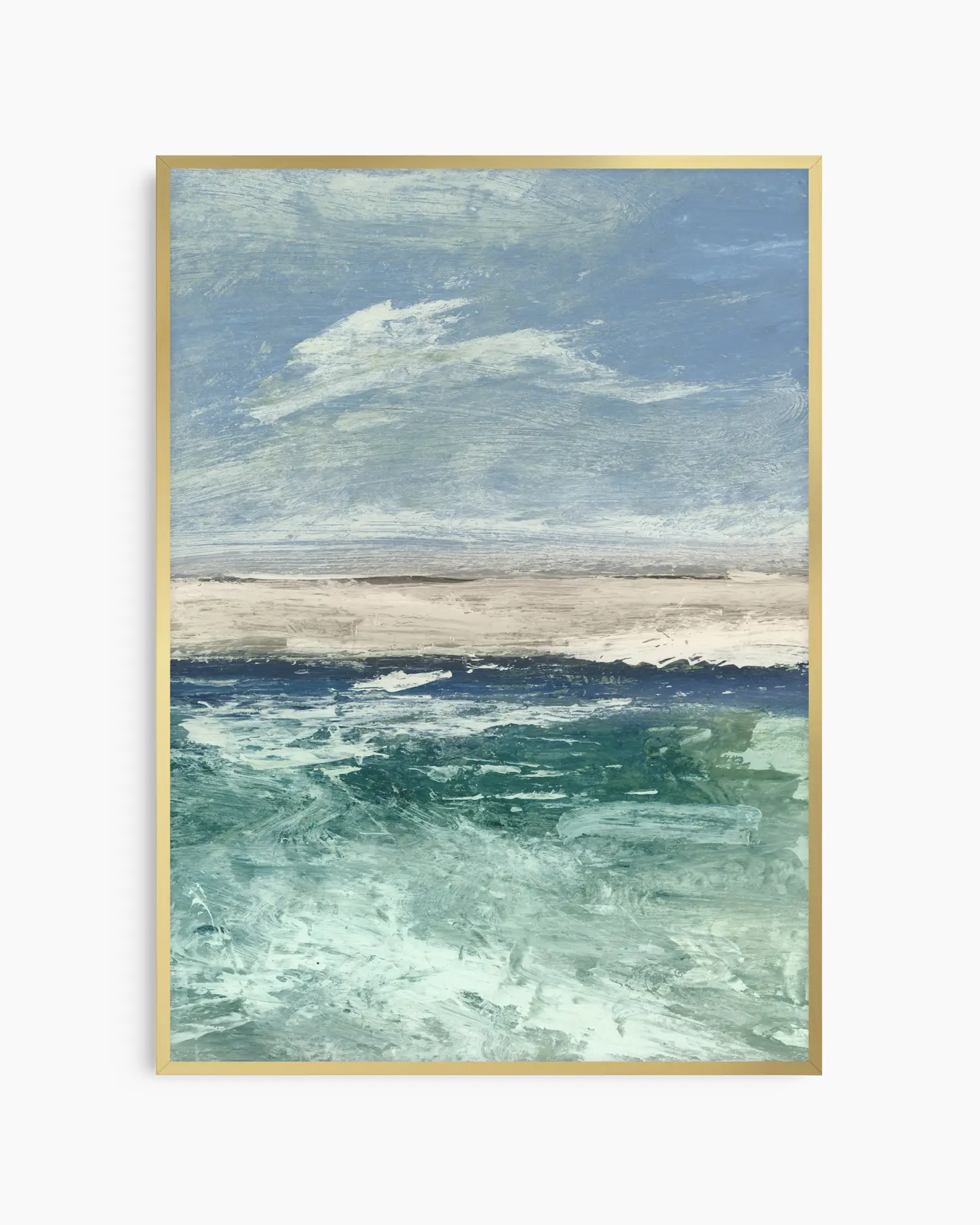 Framed artwork of a seascape with blue sky, clouds, and ocean.