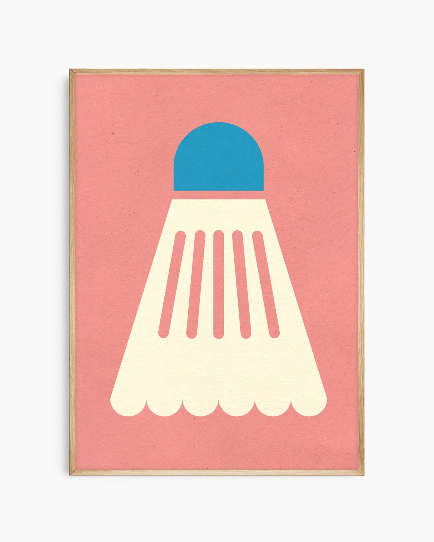 Framed artwork of a blue and white shuttlecock on a pink background
