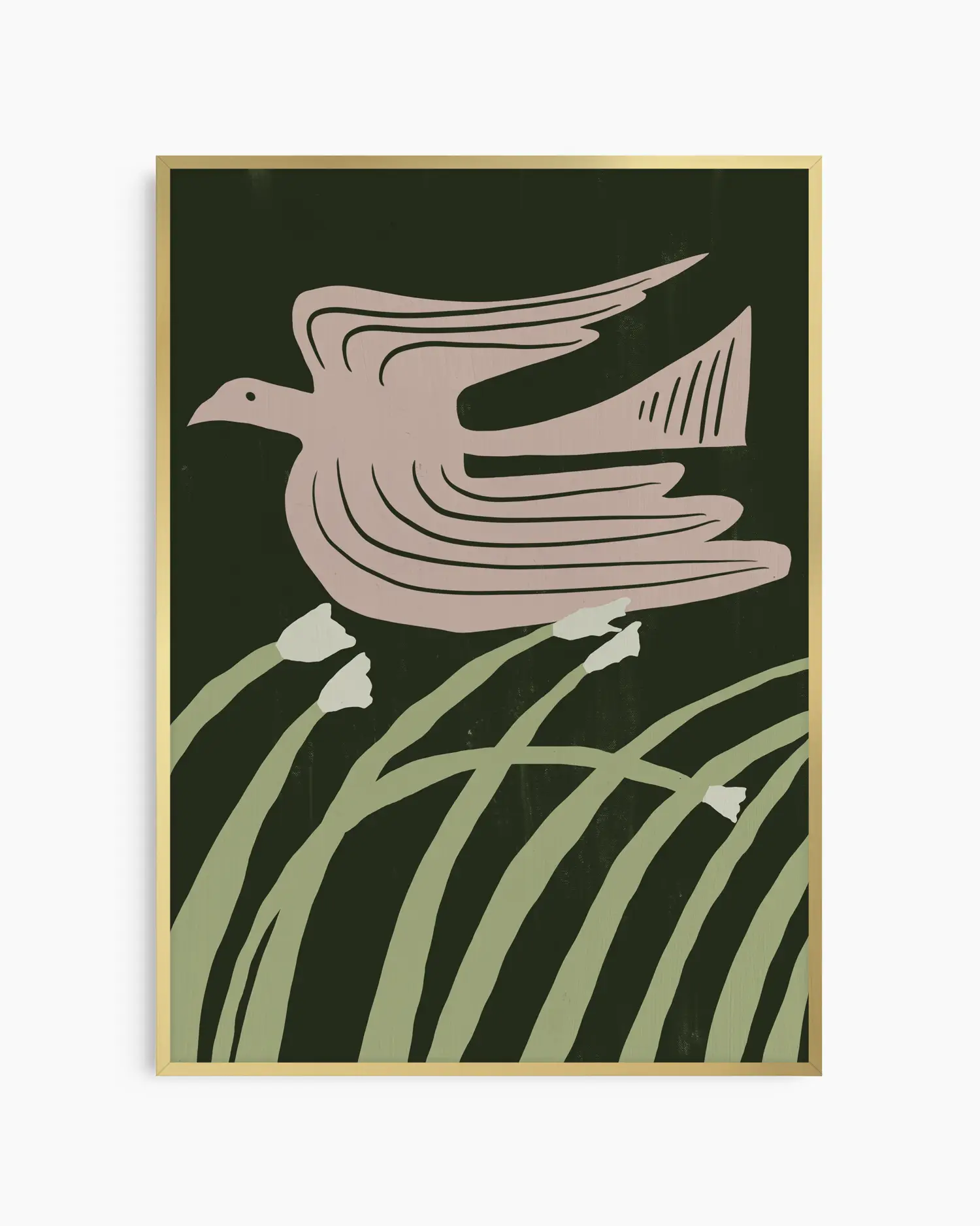 Framed artwork of a bird and grasses on a dark green background