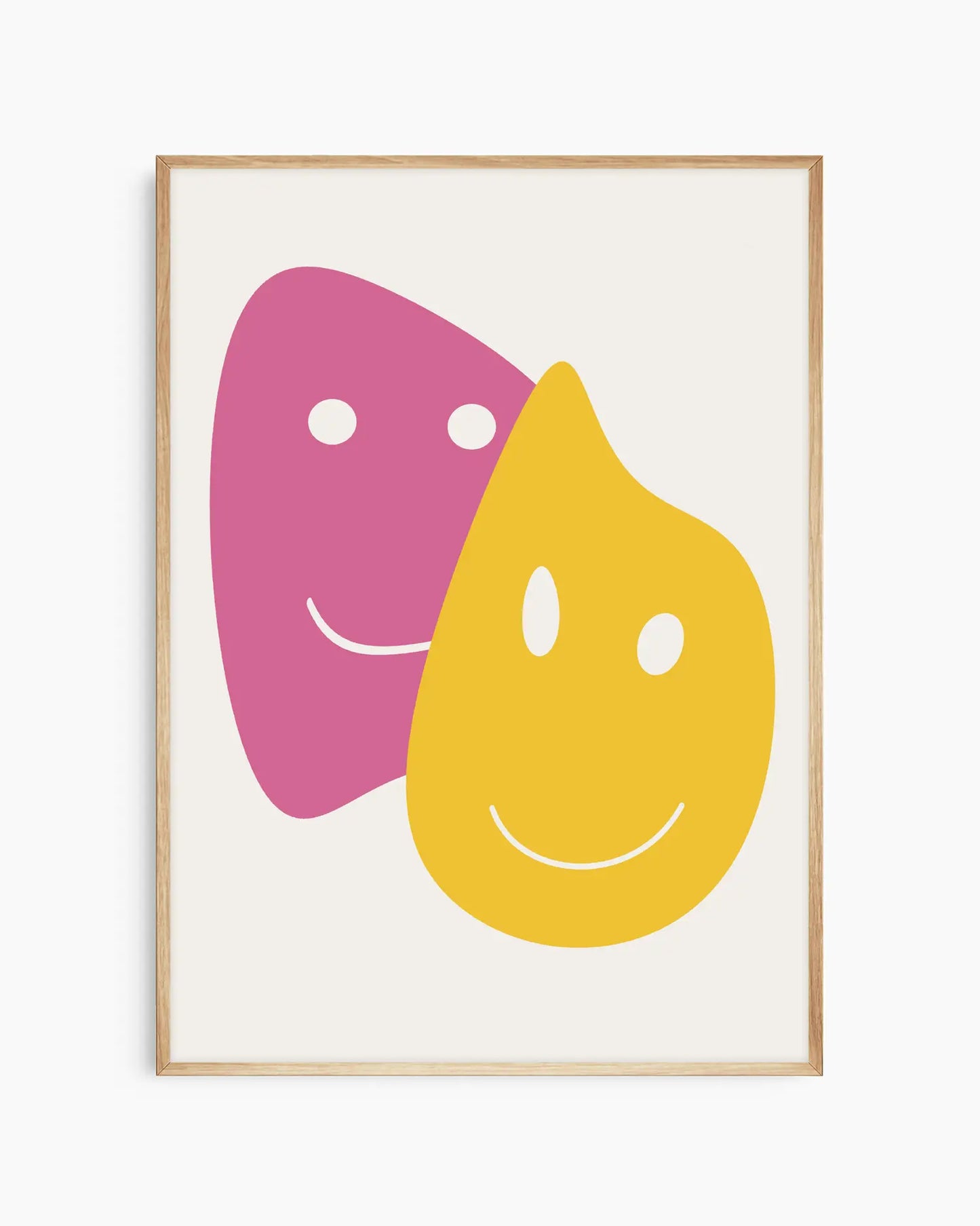 Framed artwork with pink and yellow abstract shapes on a white background