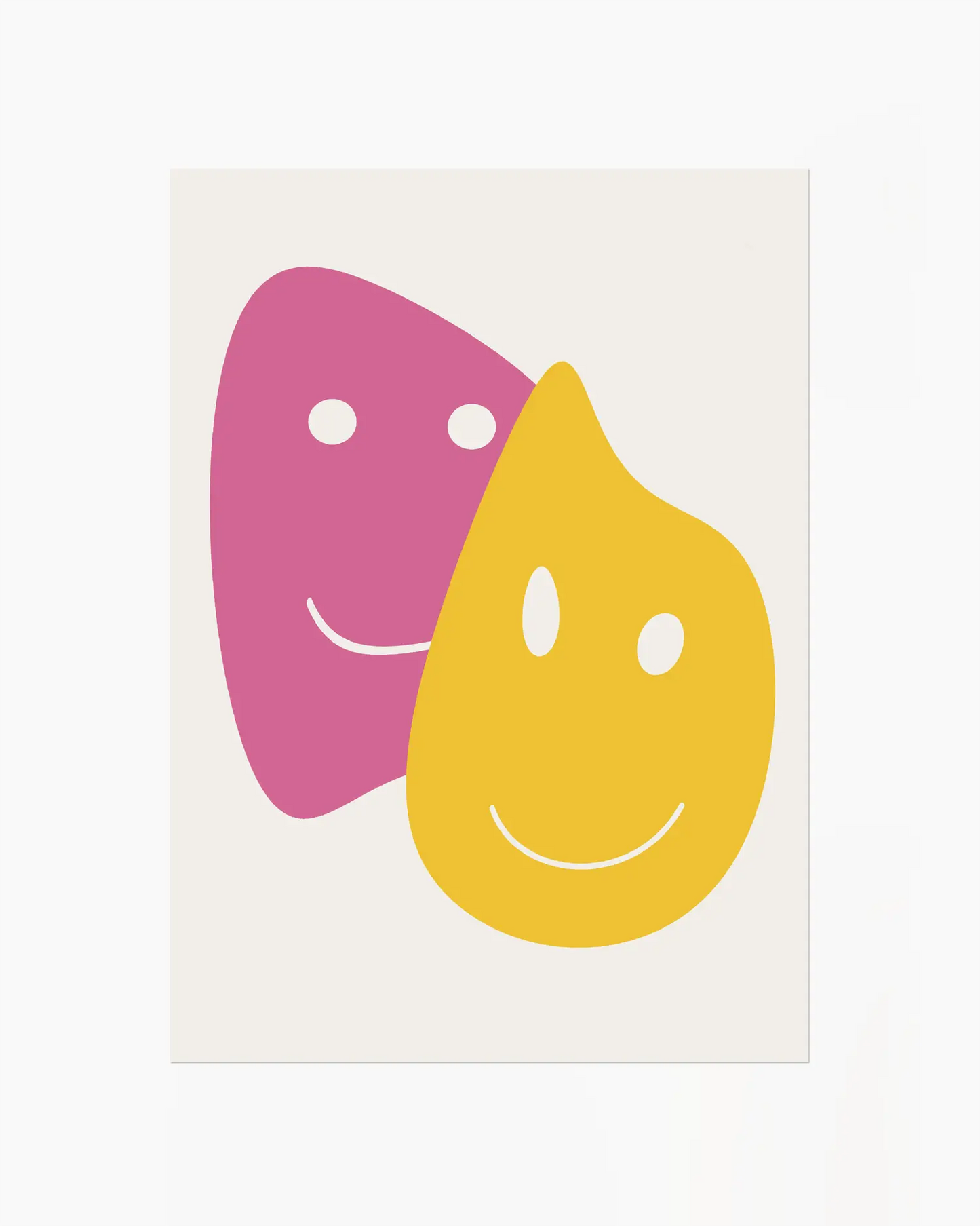 Two colorful smiley face shapes, one pink and one yellow, on a light beige background.