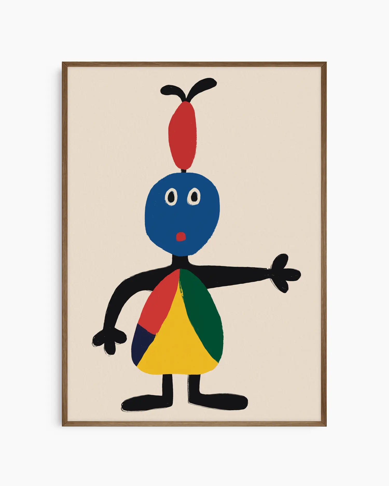 Framed artwork of a colorful abstract character on a beige background