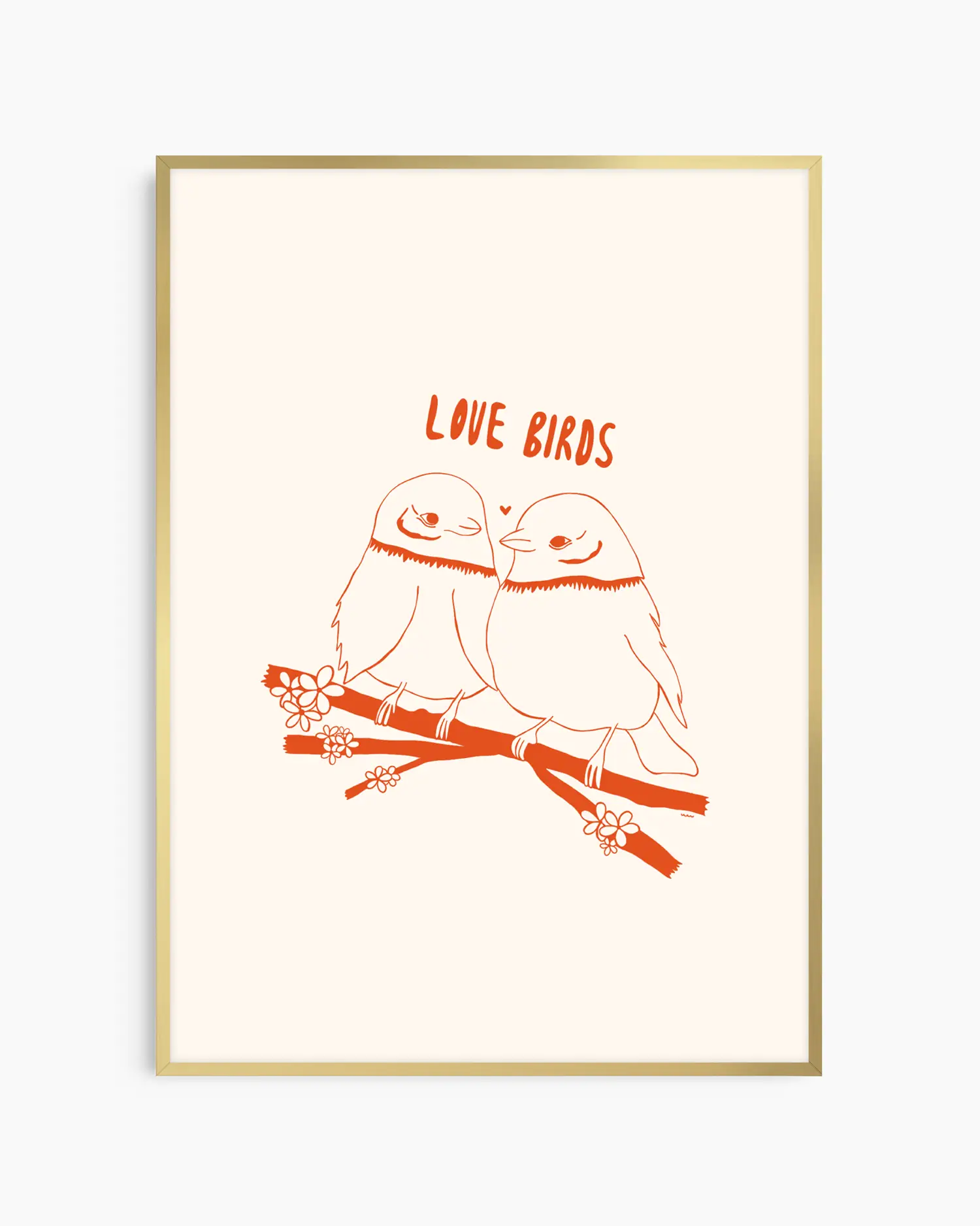 Framed artwork with two birds on a branch and 'Love Birds' text.