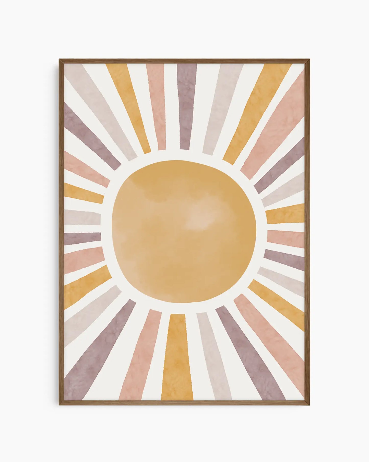 Framed artwork with a sun design in warm colors on a white background