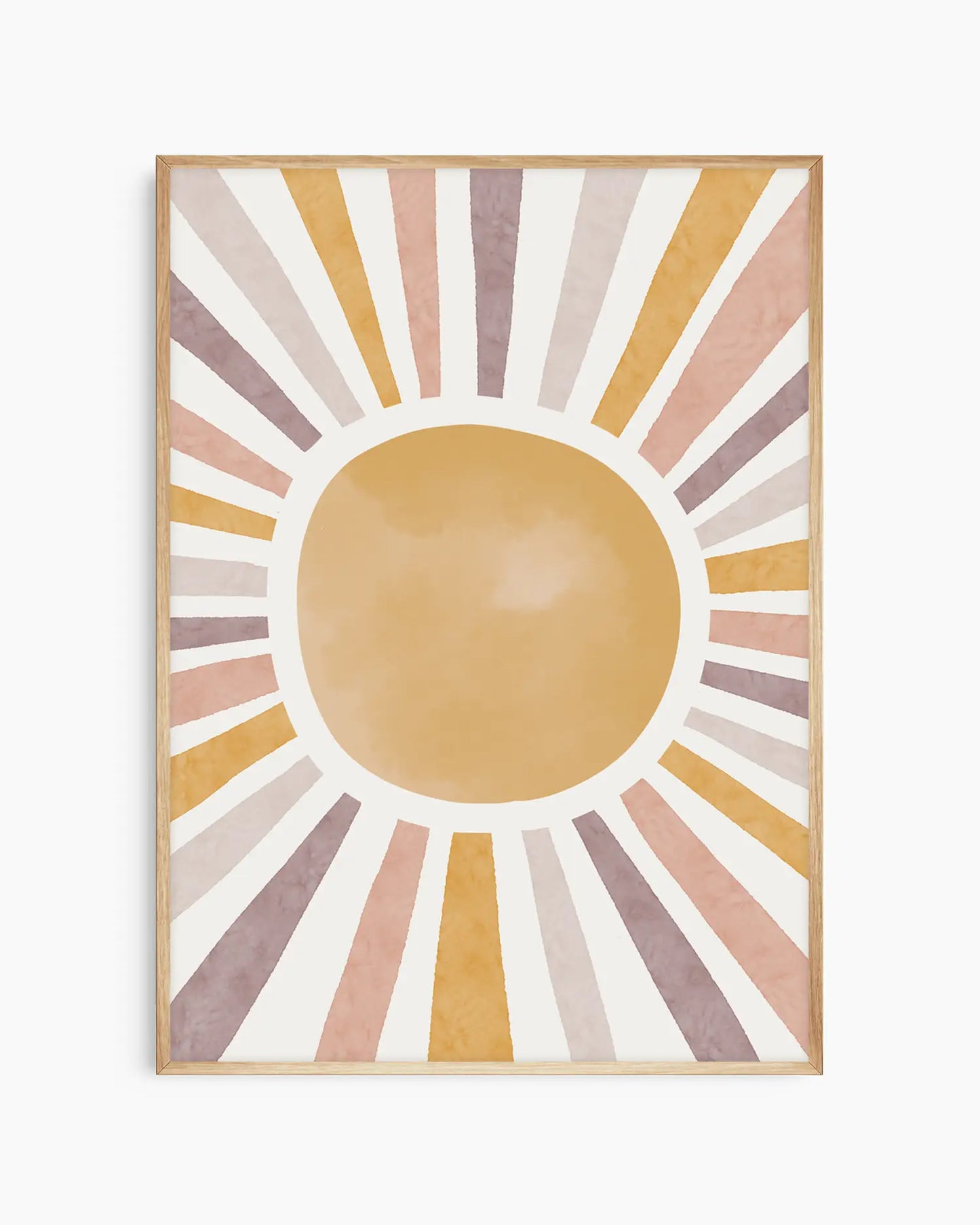 Framed artwork with a sun design in pastel colors on a white background
