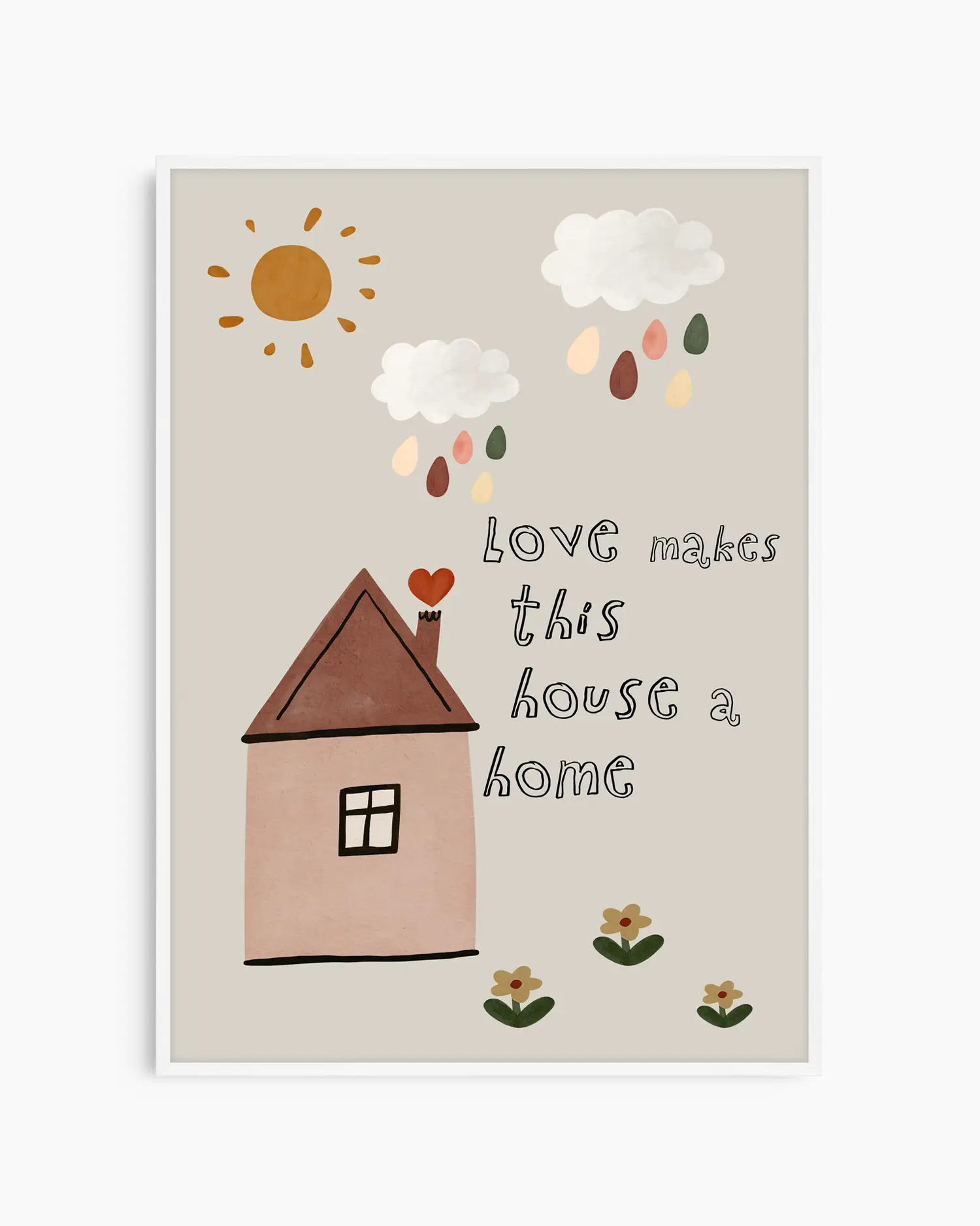 Illustration of a house with a sun, clouds, and flowers on a beige background with the text 'Love makes this house a home'.