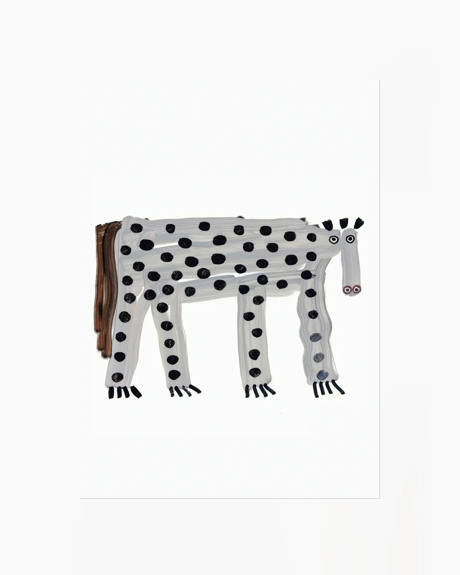 Wooden toy giraffe with black spots on a white background