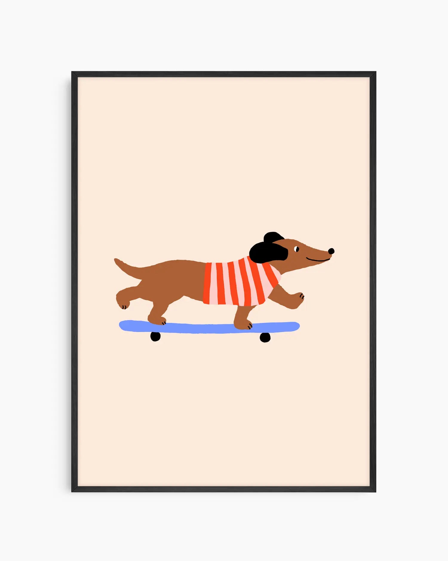 Framed artwork of a dachshund on a skateboard with a red sweater on a beige background