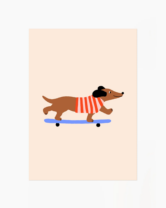 Illustration of a dachshund in a sweater riding a skateboard on a beige background