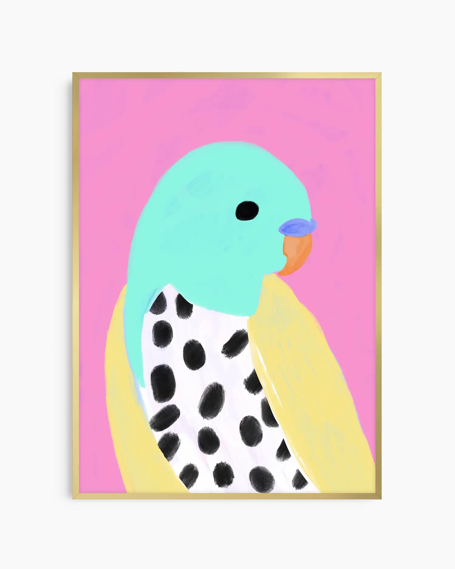 Framed artwork of a colorful bird with a pink background