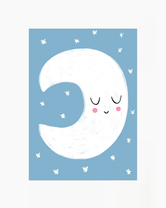 Cartoon moon with a smiling face on a blue background with white stars