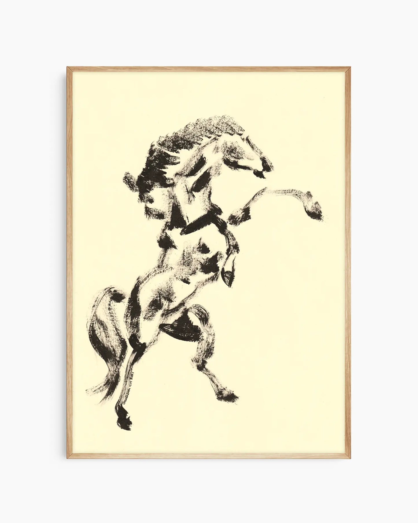 Framed artwork of a horse on a beige background