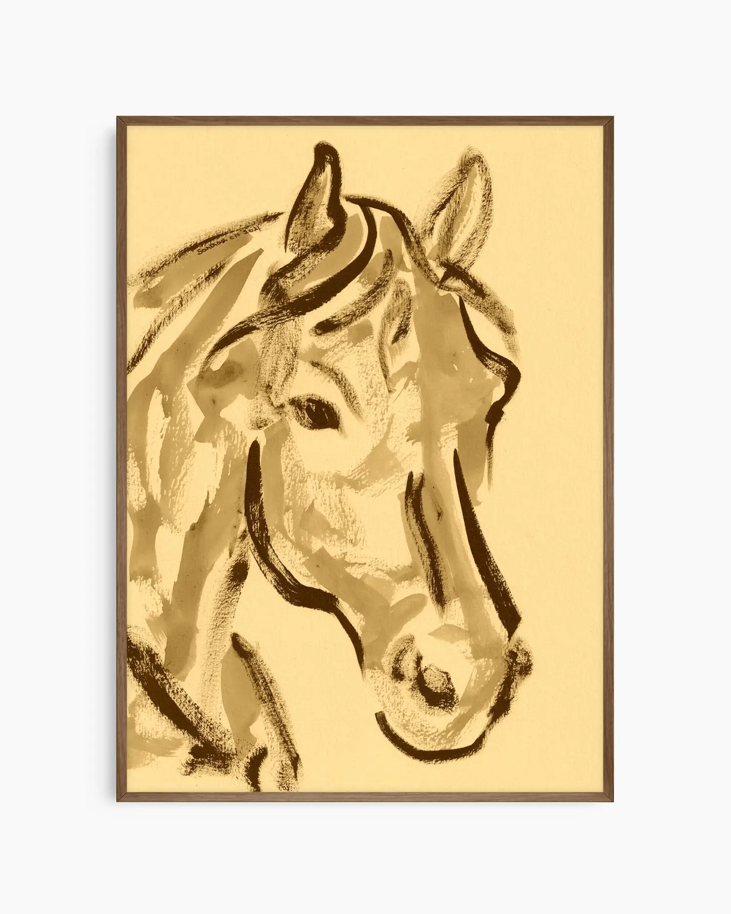 Framed artwork of a horse's head on a beige background in a smoked oak frame.
