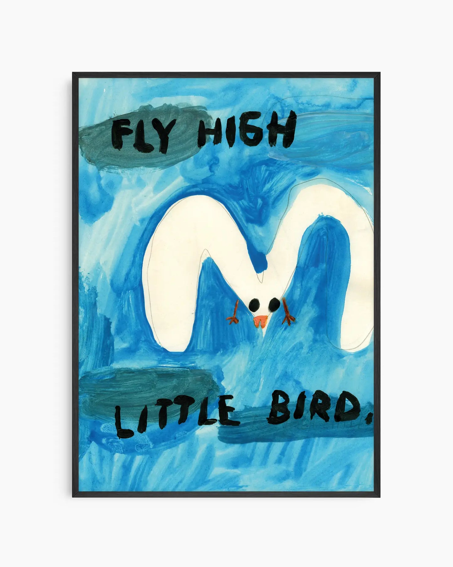 Artistic depiction of a bird with 'Fly High Little Bird' text on a blue background