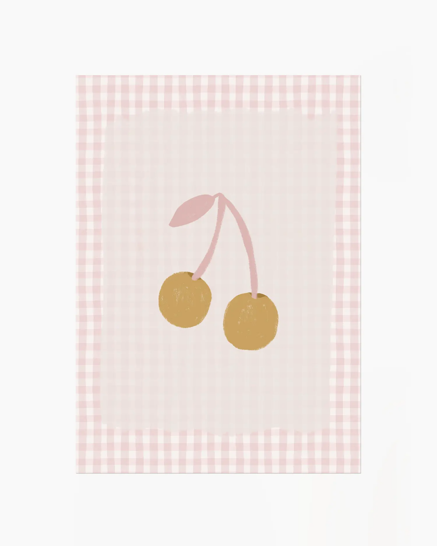 Decorative kitchen towel with cherry design on a pink gingham background