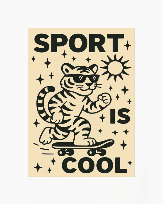Poster with a tiger on a skateboard and 'Sport is Cool' text on a beige background