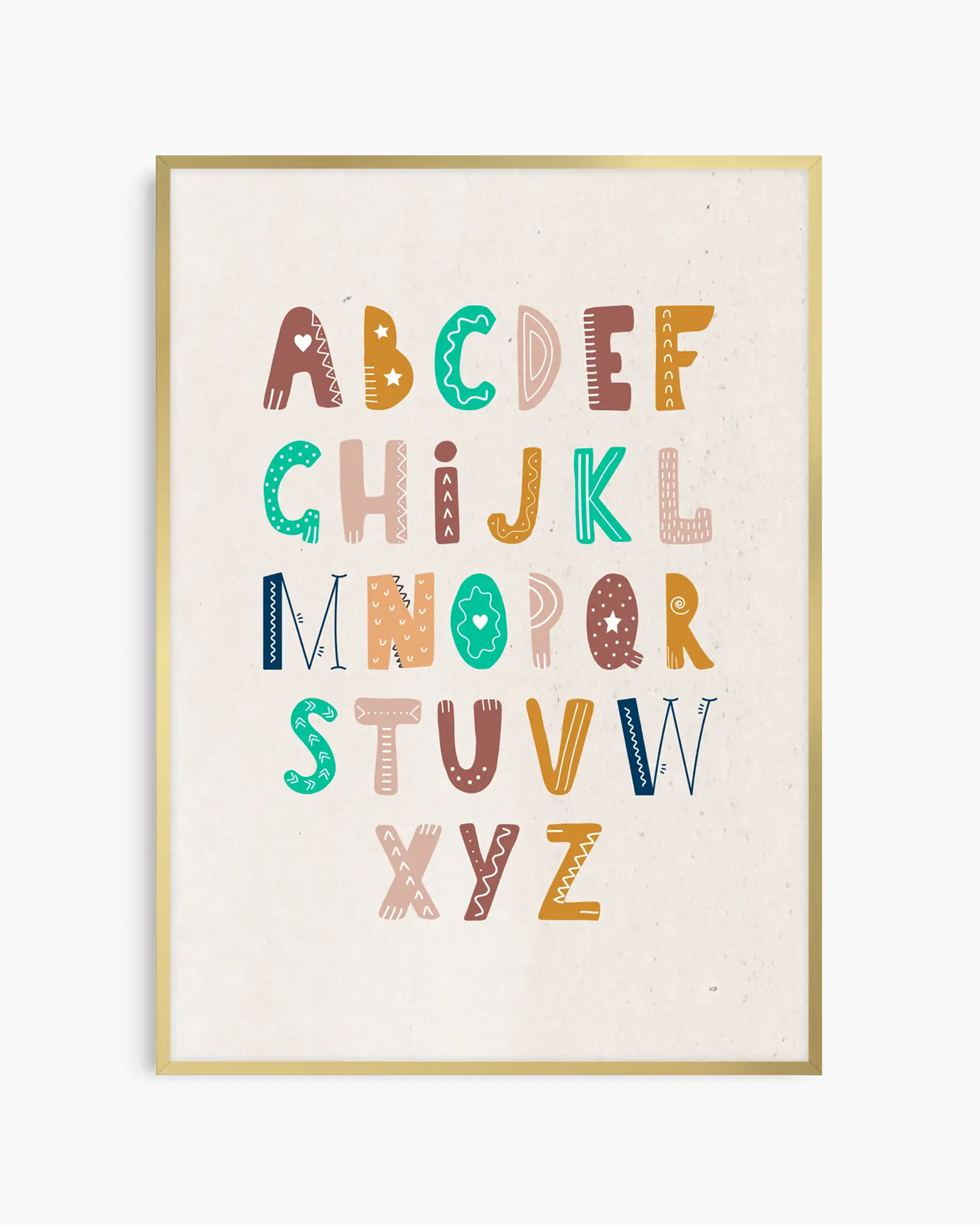 Framed alphabet poster with colorful letters on a white background