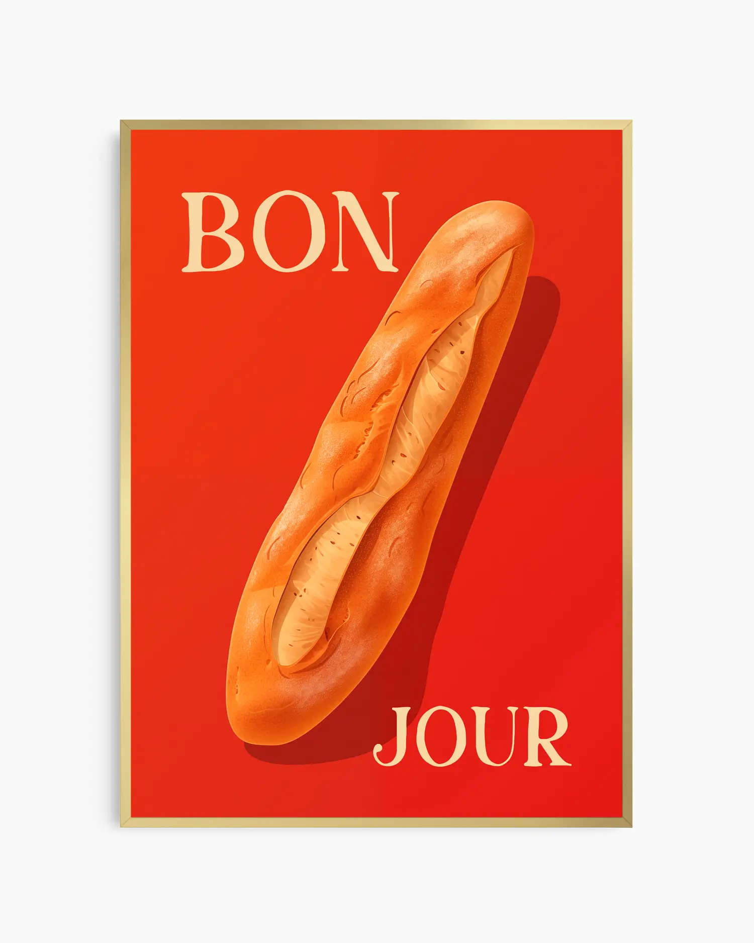 Nursery poster with a baguette on a red background with 'BONJOUR' text. Framed in a golden aluminium frame.