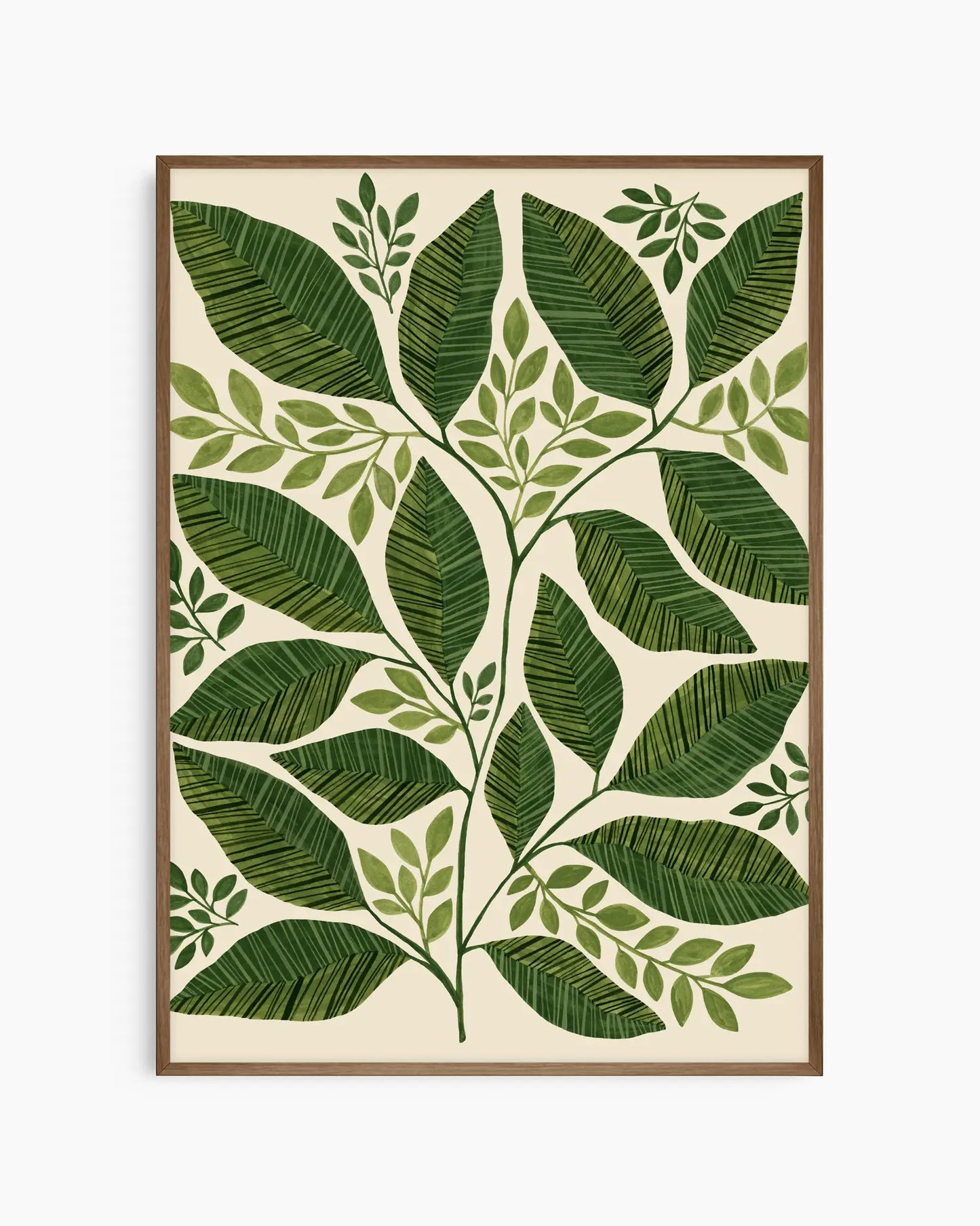 Framed artwork with green leaf pattern on a beige background