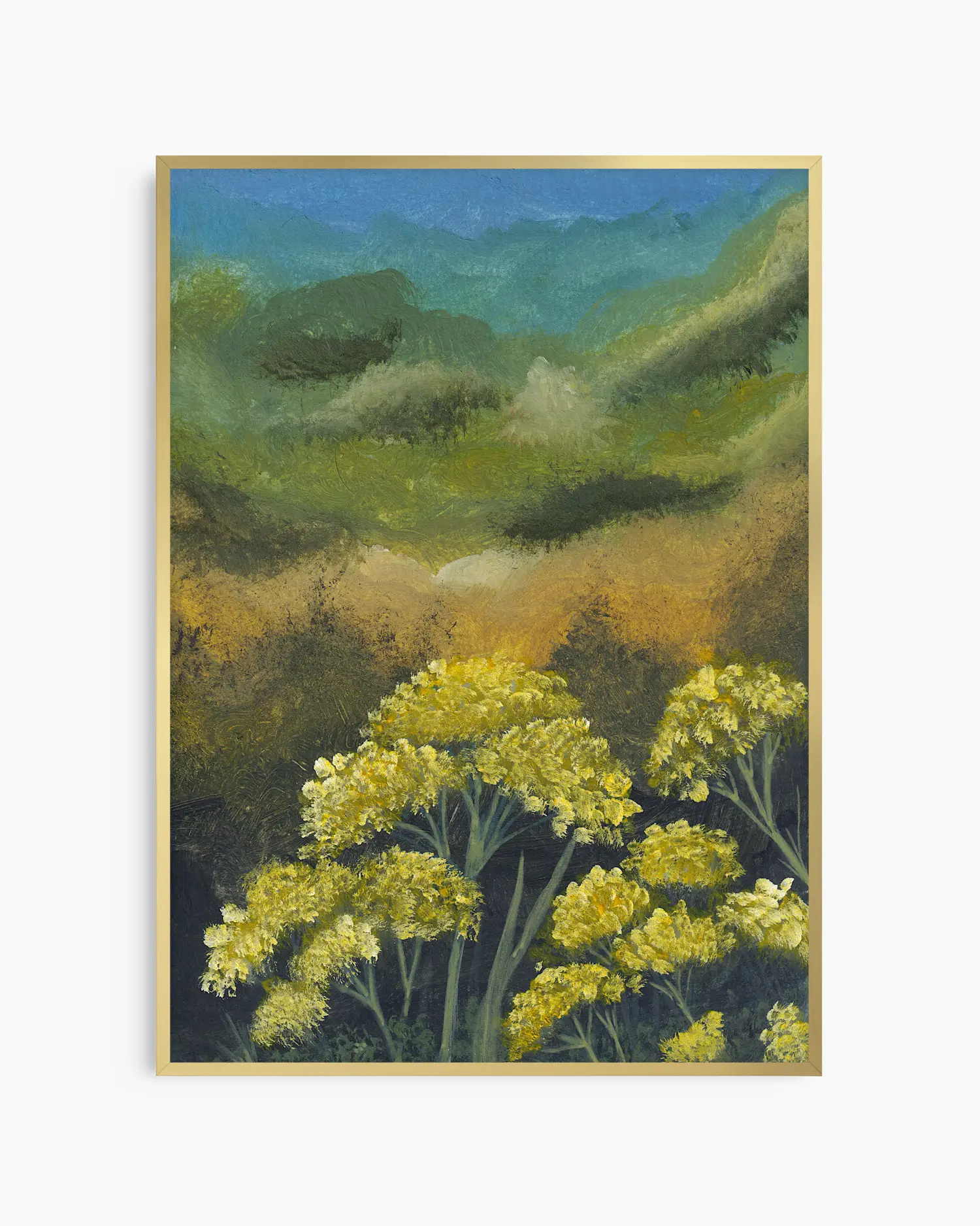 Framed painting of a landscape with yellow flowers and green hills.