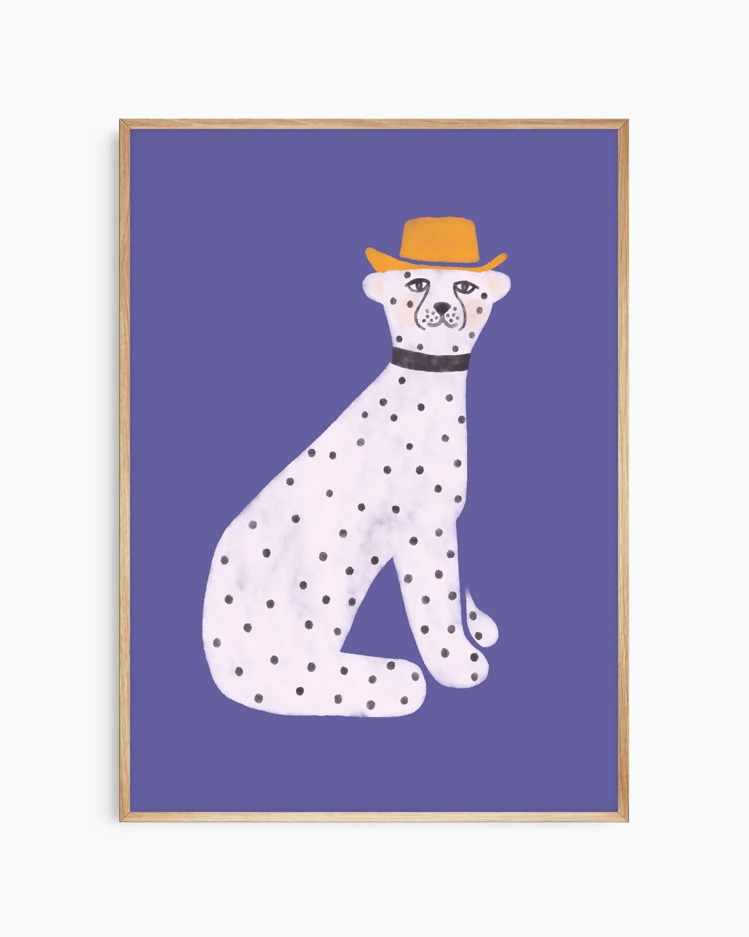 Framed artwork of a dalmatian dog wearing a hat on a purple background