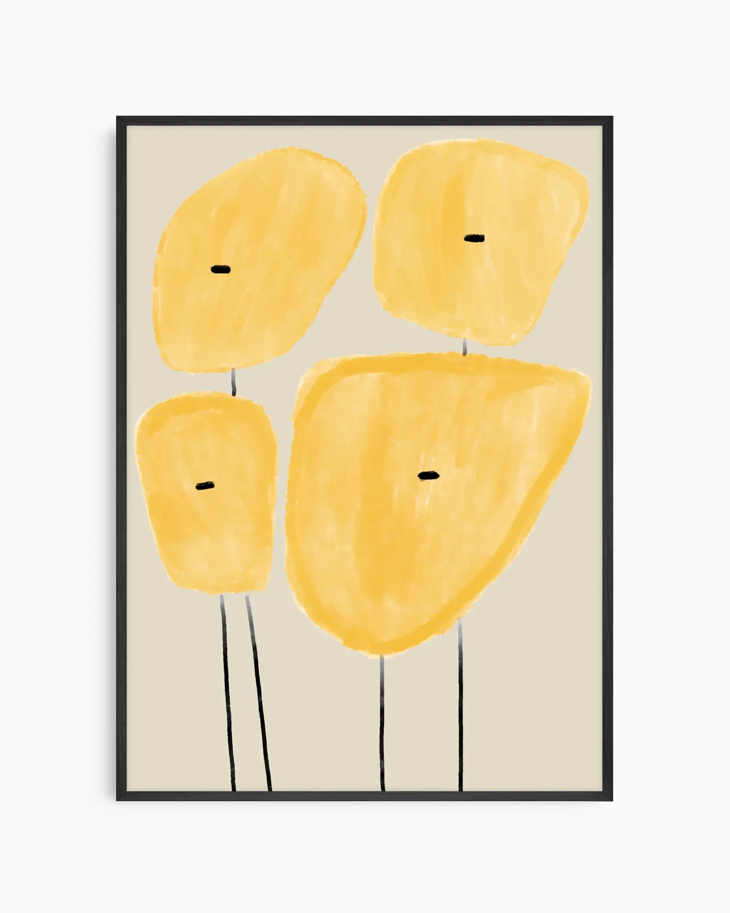 Framed abstract art with yellow shapes on a beige background