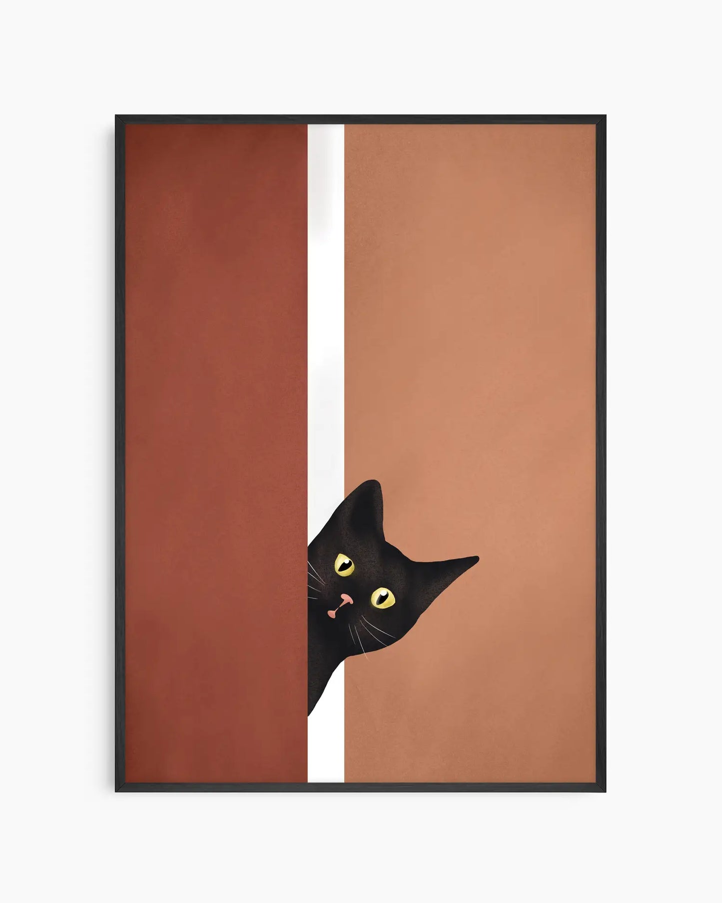 Black cat peeking from behind a brown door with a white stripe