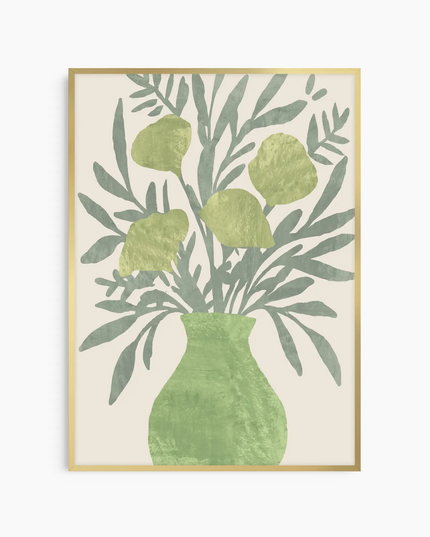 Framed artwork of a green vase with leaves on a beige background