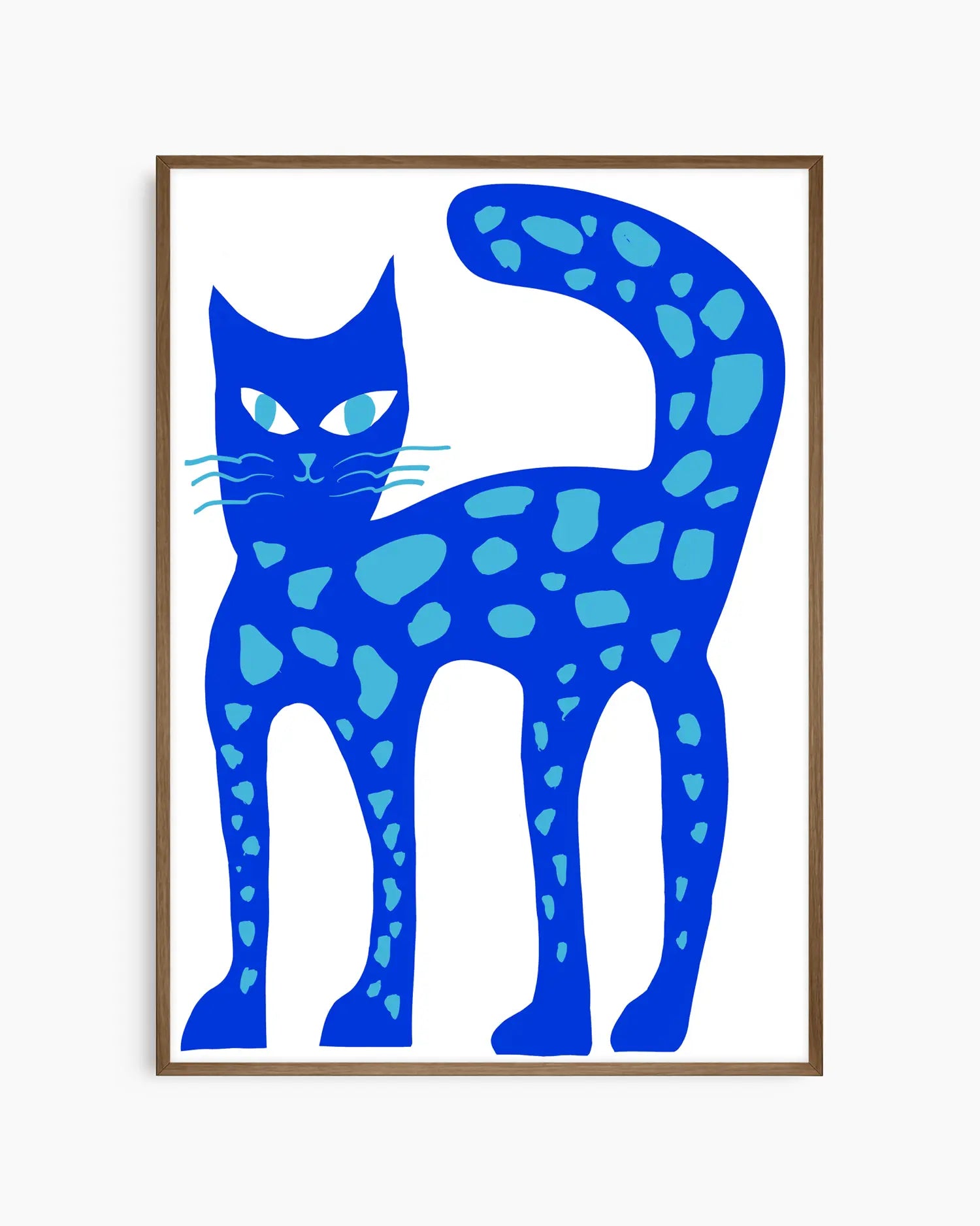 Framed artwork of a blue cat with a white background