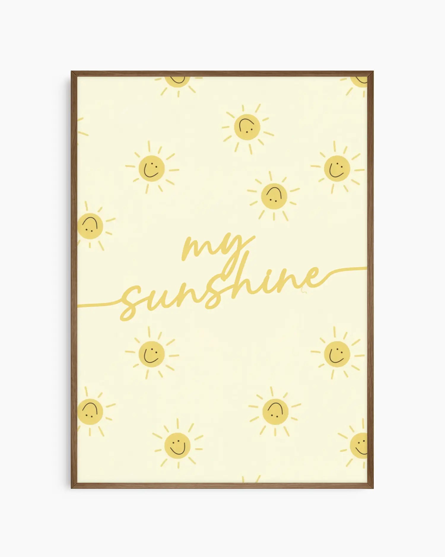 Framed artwork with 'my sunshine' text and sun illustrations on a light yellow background