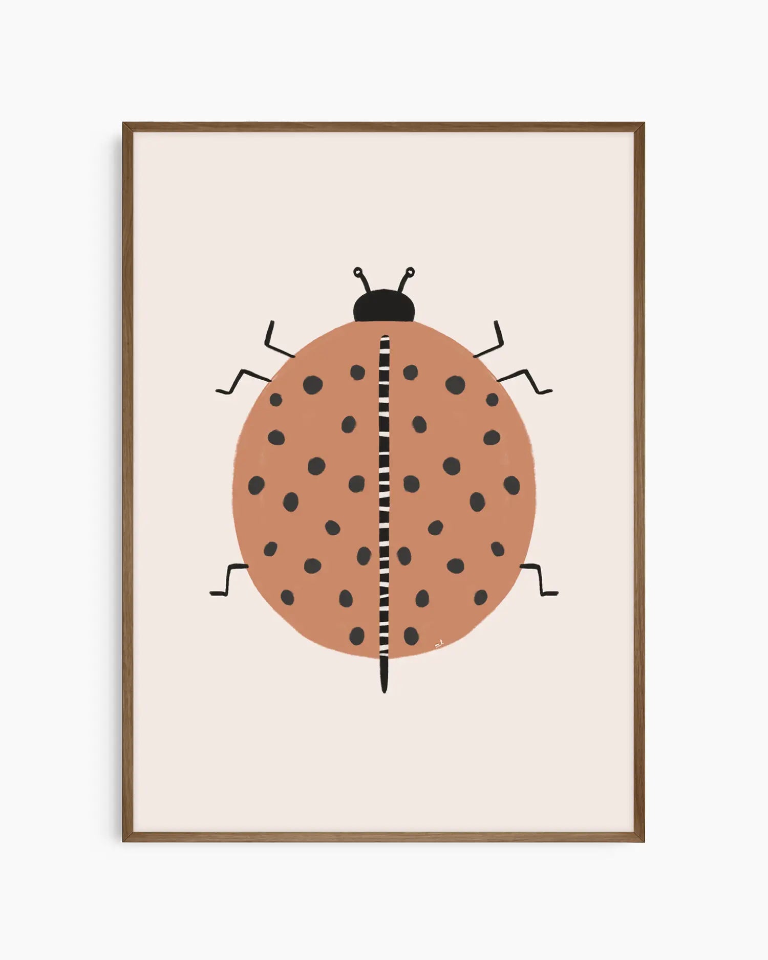 Framed artwork of a ladybug on a beige background