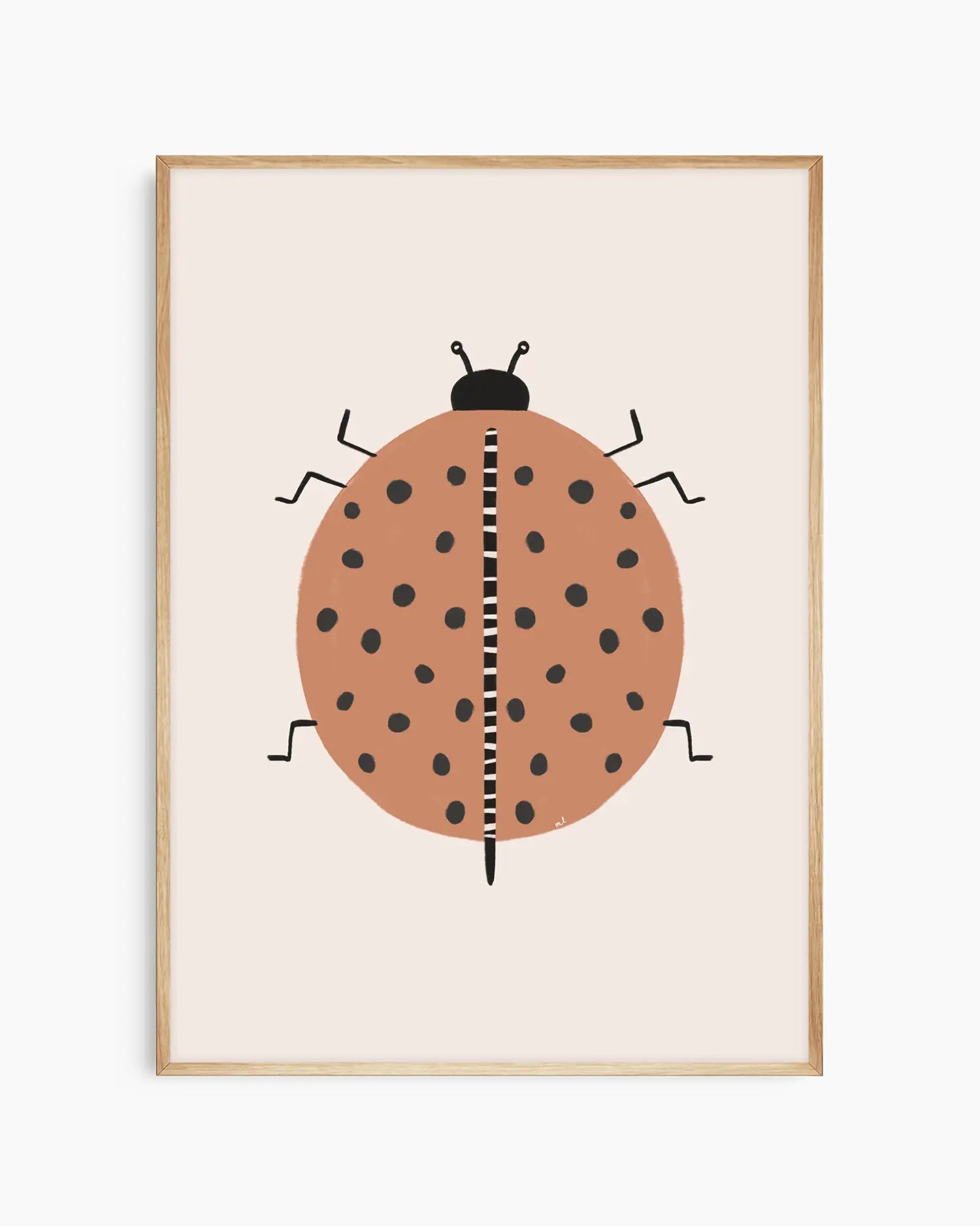 Framed artwork of a ladybug on a beige background