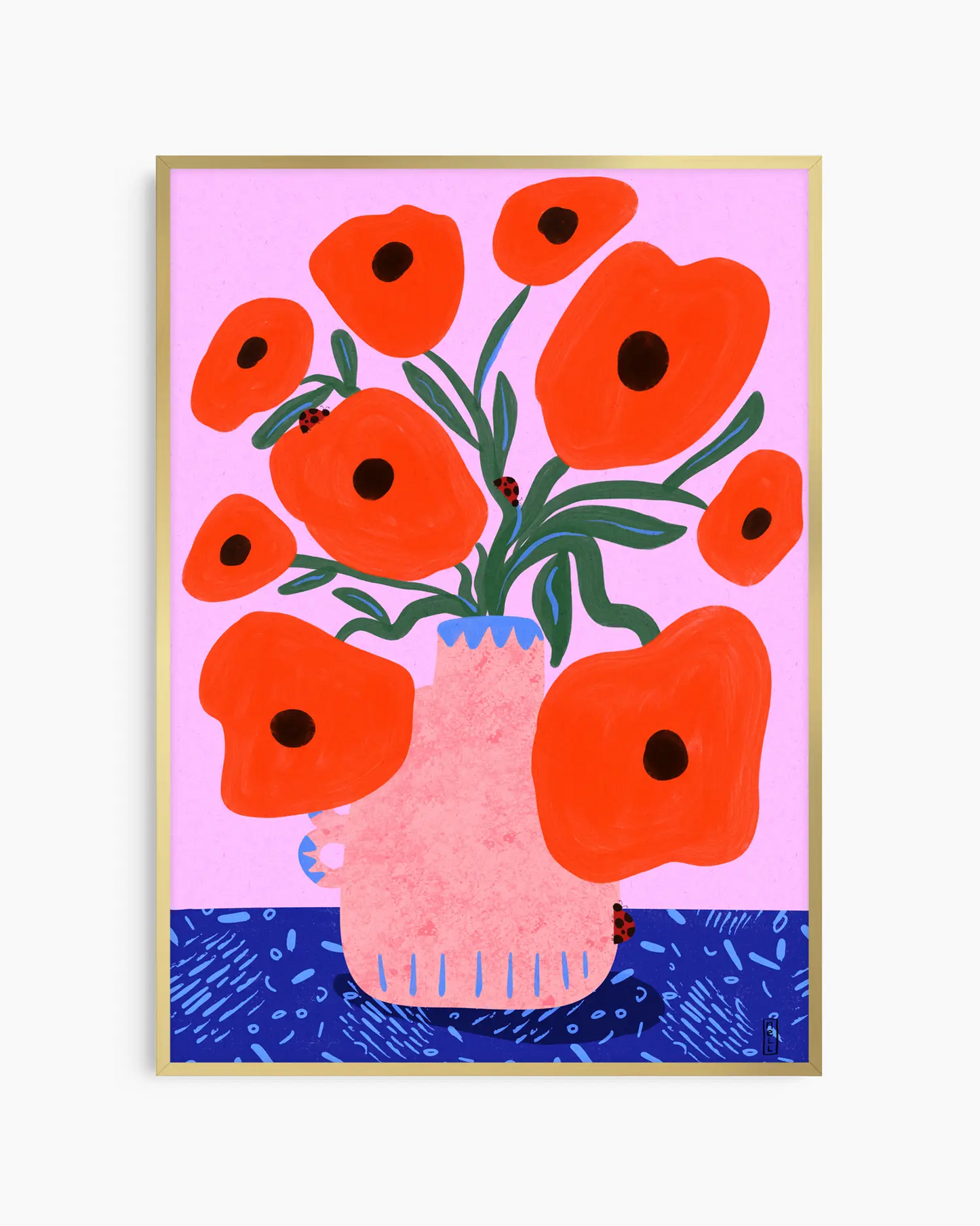 Art print with red flowers in a vase on a pink and blue background