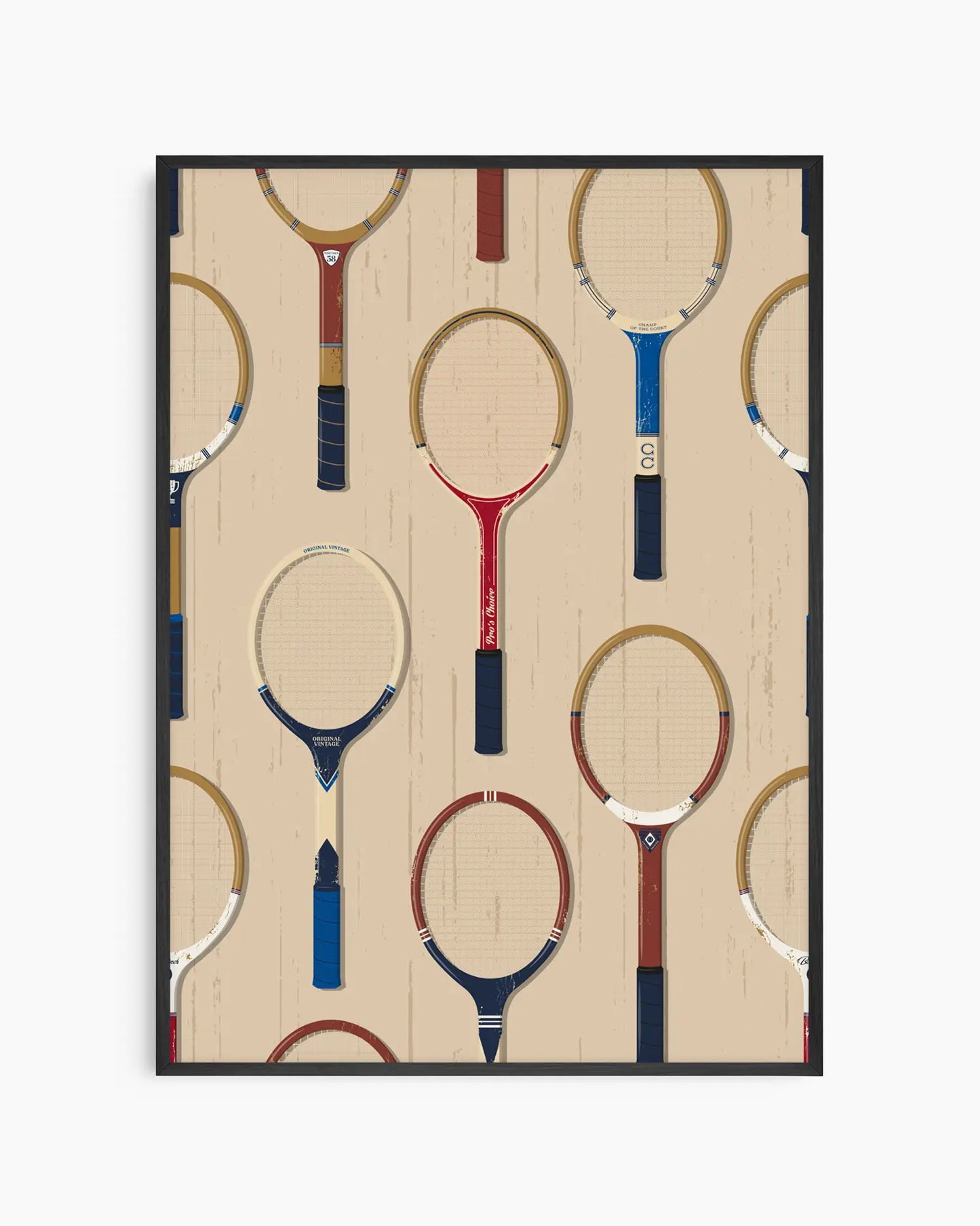 Pattern of tennis rackets on a beige background with a black border