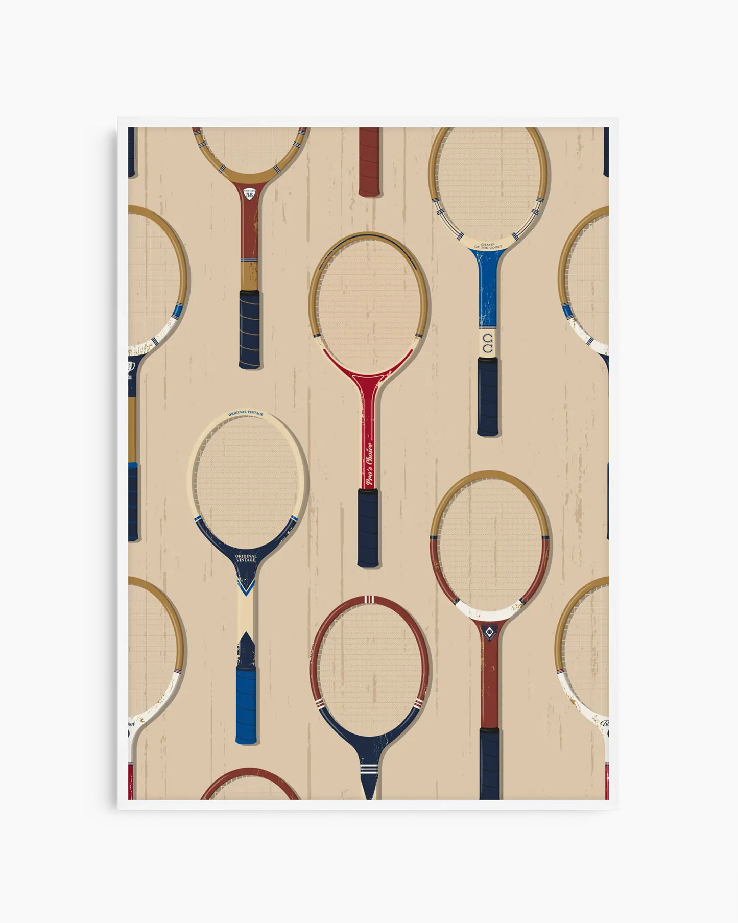 Pattern of tennis rackets on a wooden background