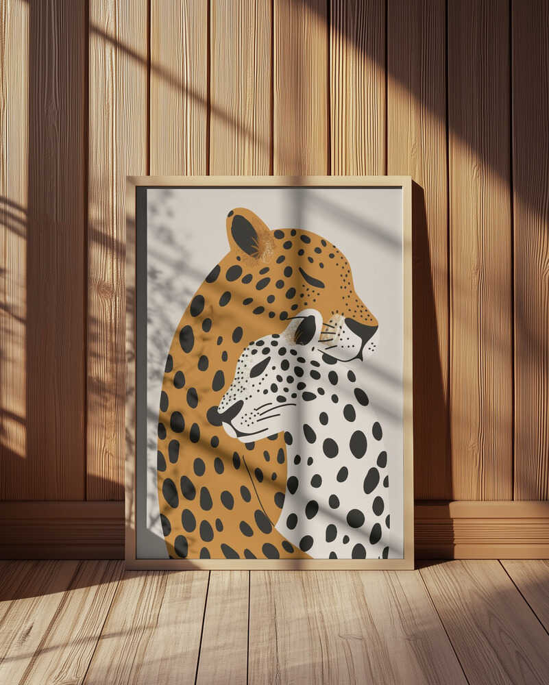 Nursery artwork of two leopards with different patterns on a beige background leaning against a wooden wall.