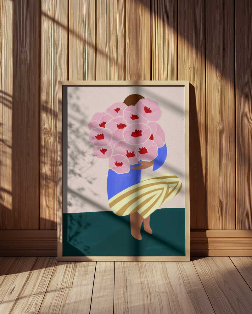 Poster of a person who's holding a big bouquet of pink flowers 