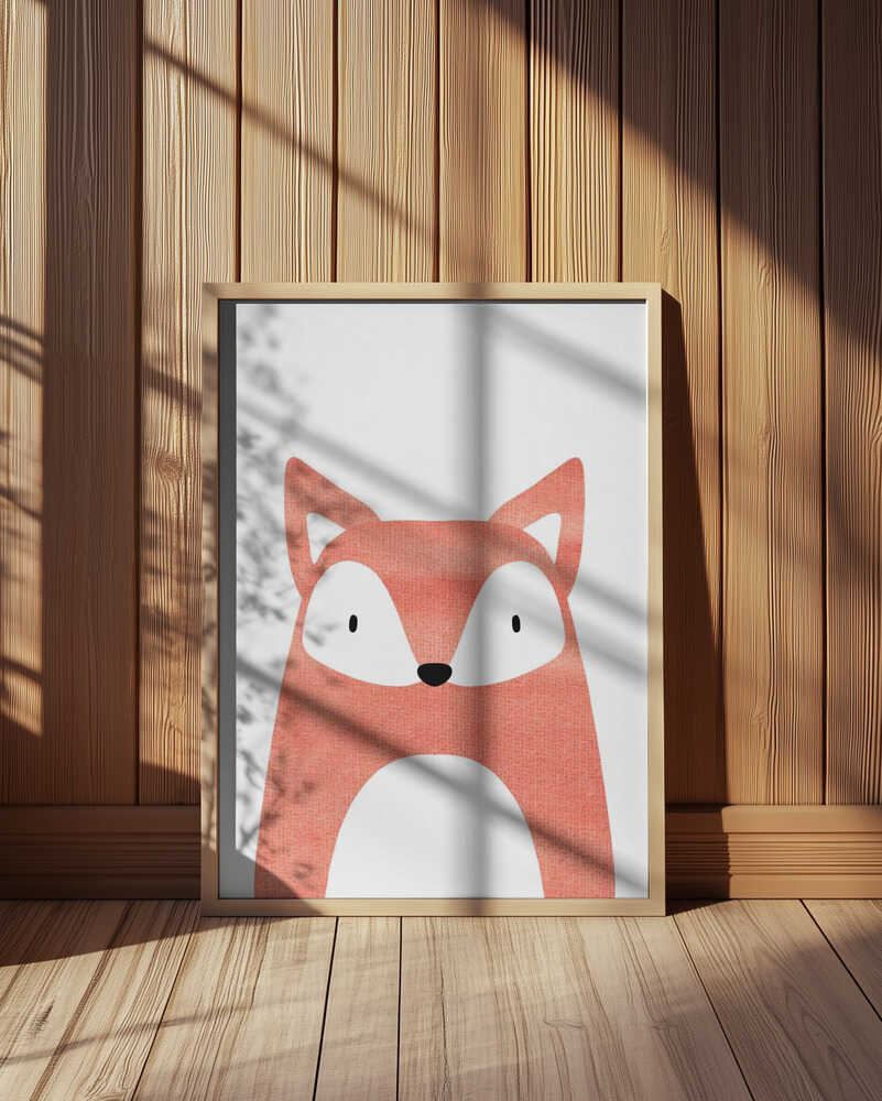 Framed Fox poster featuring a minimalist illustration of a red fox with a white belly on a light background, displayed in warm sunlight against a wooden wall.