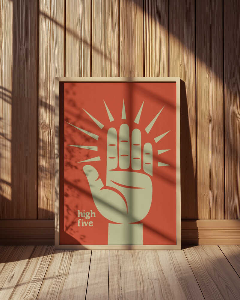 Nursery poster with a hand doing a high five on a red background leaning towards a wooden wall.