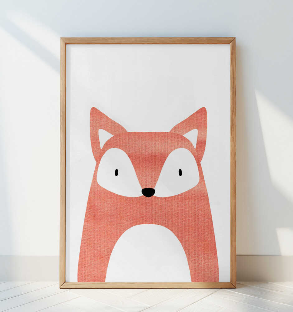 Framed Fox art print in soft red and white tones, perfect for a bright white nursery with a Scandinavian animal theme.