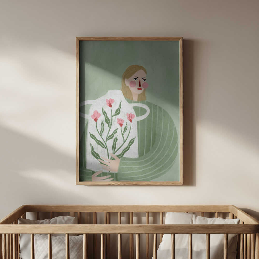 Poster of a women in green holding a big white vase filled with flowers on a green background hanging above the baby's crib