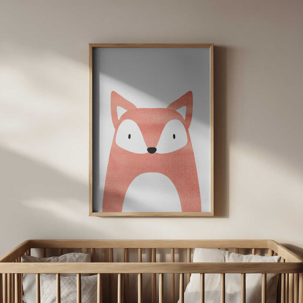Framed Fox poster above a wooden crib, adorable animal wall art with minimalist Nordic style and natural tones.